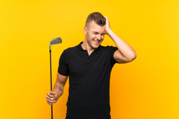 Golfer player man over isolated yellow background has realized something and intending the solution