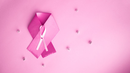 Pink satin breast cancer awareness ribbon on pink background with willow buds.