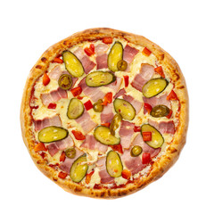 Roast pizza with cheese, bacon, ham, hot and sweet pepper on a white background top view