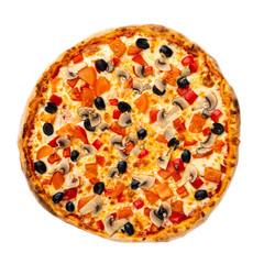 Pizza with different toppings on a white background top view