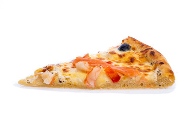 slice of pizza on a white background