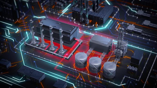 Explosion at refinery plant and electronic circuit board, abstract visual fusion