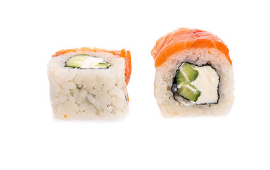sushi and rolls with different toppings in two pieces close-up on a white background
