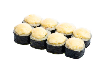 sushi and rolls with different toppings in eight pieces close-up on a white background top view