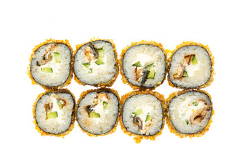 sushi and rolls with different toppings in eight pieces close-up on a white background top view