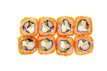 sushi and rolls with different toppings in eight pieces close-up on a white background top view
