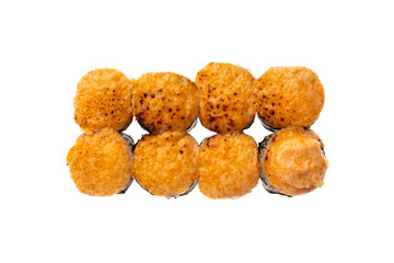 sushi and rolls with different toppings in eight pieces close-up on a white background top view