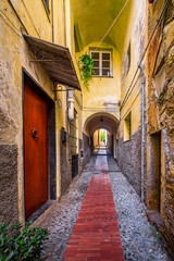 View on a narrow street through a gate, on a medium-sized village in Italy. The street with its yellow-colored houses, windows and front doors.