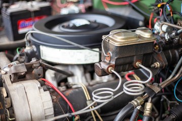 close up of vintage motor engine american car