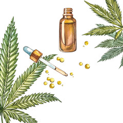 Fototapeta premium CBD oil hemp products. Watercolor illustration on white background. Set of drawing floral elements, watercolor botanical illustration. Seamless patterns. Good for cosmetics, medicine, treating