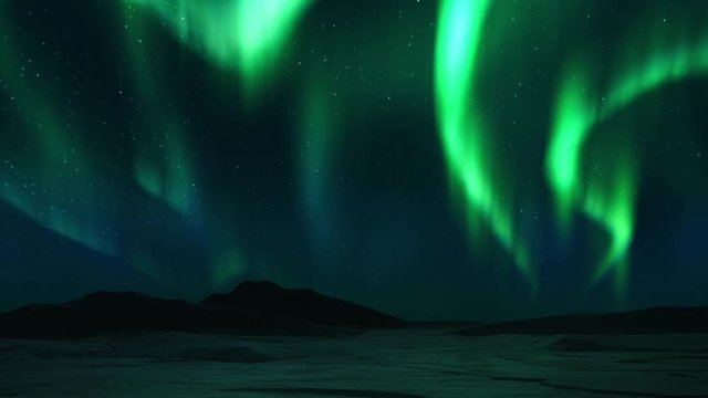 Spectacular 4K Animation of realistic and bright Aurora Borealis phenomenon. Timelapse video of Polar Light or Northern Light in night sky. Solar wind. Mountains and snow with reflection effect