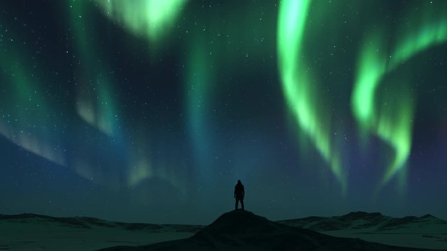 Animations of spectacular Bright realistic Aurora Borealis landscape. Tourist man on mountain.Time lapse clip of Polar Light or Northern Light in night sky. The movement of the star sky on background