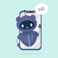 Chat bot robot on phone ready to answer requests and search information. Customer support service. Online consultation. Speak bubble. Virtual online help customer support. Flat vector illustration.