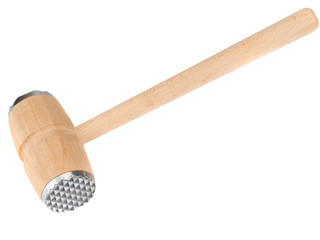 Wooden meat hammer for kitchen isolated on white background.