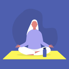 Young female character sitting in a lotus position, relaxation and meditation, yoga studio