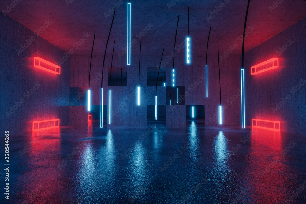 Poster 3d rendering of concrete background with illuminated hanging led panels cubic red lights