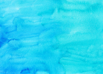 Watercolor bright turquoise background painting. Watercolour deep sky blue stains on paper. Artistic liquid backdrop.