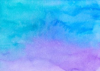 Fototapeta premium Watercolor light blue and purple ombre background painting texture. Multicolored pastel watery soft backdrop. Stains on paper.