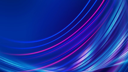 Dark blue abstract background with ultraviolet neon glow, blurry light lines, waves