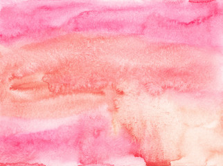 Watercolor light pink, coral and white background painting texture. Liquid multicolored watercolour pastel backdrop. Stains on paper.