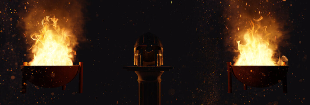 3d rendering of ancient greek Sparta type helmet laying on greek column and lighted from big fire in the fire bowl