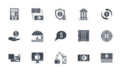 Banking icons set. Related vector glyph icons.