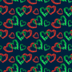 Watercolor cute seamless pattern for Valentine's day with colorful silhouettes of hearts. Hand drawing. For printing on fabric, Wallpaper, clothing, paper, invitations, greetings.