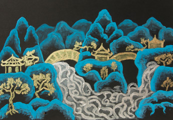 Chinse style landscape on black in blue, silver and gold