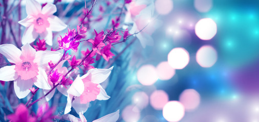 Spring floral background in ultraviolet neon glow. Flower bud close-up with blurry bokeh. Copy space for text.