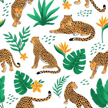 Vector seamless pattern with leopards and tropical leaves and flowers on the white background. © jenny on the moon