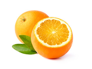 Half an orange on the white background closeup. Orange  with leaves closeup.