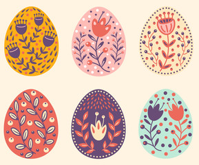 Folk set of  Easter eggs with different ornament. Isolated vector Illustration.