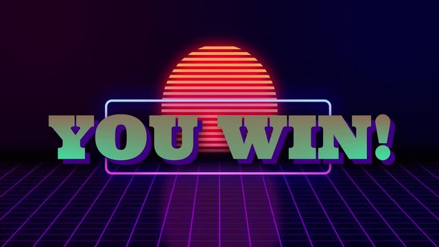 VHS retro animation with the appearing neon rectangle and the text you win. Against the background of the glowing sun and the moving forward grid. Retro style. Video games from the 80s. Motion