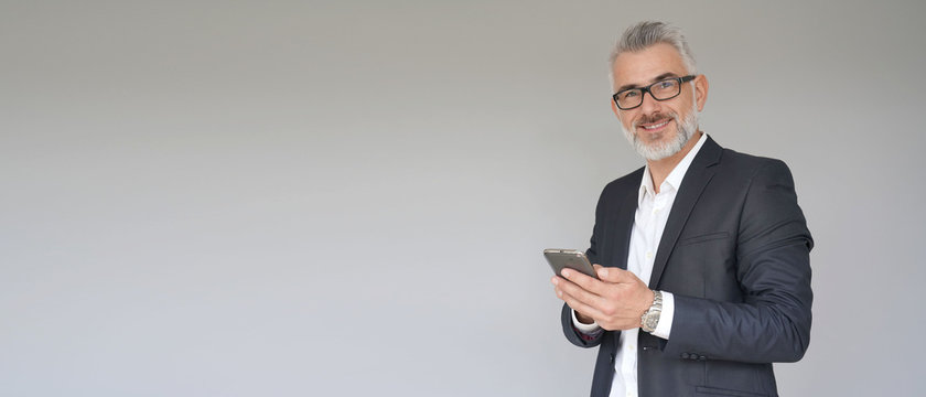 Businessman using smartphone, isolated on background - template