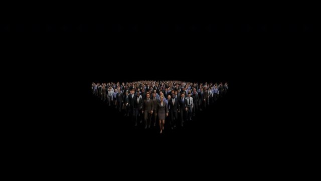 Businessmen with a businesswoman in front forming arrow shape pointing down, 4K Alpha Channel