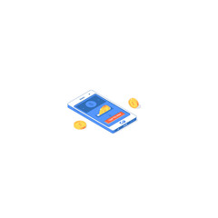 Isometric online payment mobile application. Vector illustration of golden coins with phone, digital interface and button