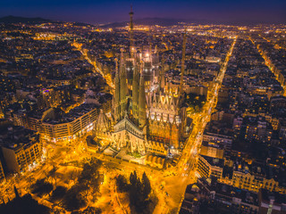 La Sagrada Familia in night - cathedral designed by Antoni Gaudi, which is being build since 1882 and is not finished yet February 14, 2019, in Barcelon