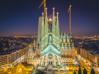 La Sagrada Familia in night - cathedral designed by Antoni Gaudi, which is being build since 1882 and is not finished yet February 14, 2019, in Barcelona, Spain.