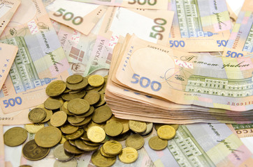 Ukrainian hryvnia and coins. Background money. Banknotes of 500 hryvnia.