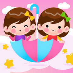 Cartoon Twins girls Riding Flying Umbrella, Vector Illustration