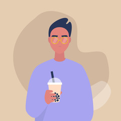 A portrait of a young male character holding a take away cup of bubble milk tea, lifestyle and food