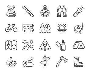 Fototapeta premium Set of camping trip or hiking outline icons. Line vector illustration.