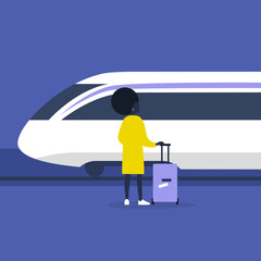 High speed train locomotive, young black female character standing on a platform with a luggage