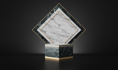 luxury marble geometric podium in dark black background. 3d rendering - illustration.