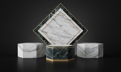 luxury marble geometric podium in dark black background. 3d rendering - illustration.