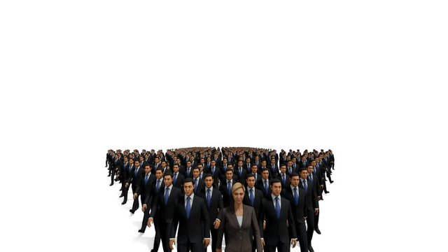 Businessmen with a businesswoman in front forming arrow shape pointing up, 4K, against white