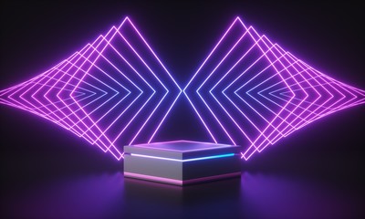 Futuristic podium in dark room with colorful neon light. Technology concept. 3d rendering - illustration.
