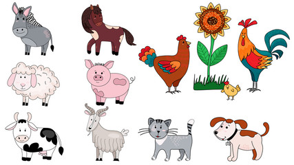 Farm cute animal set: cow, horse, sheep. Famili with hen, rooster, chick. Vector illustration with pig, donkey, goat in cartoon style