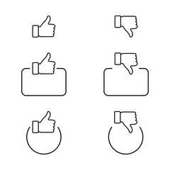 like. thumb up and down in linear design. thumb up and thumb down with square and circle. like vector icons. line icons, isolated on white background. vector illustration