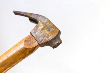 Broken hammer on white background, low quality hammer